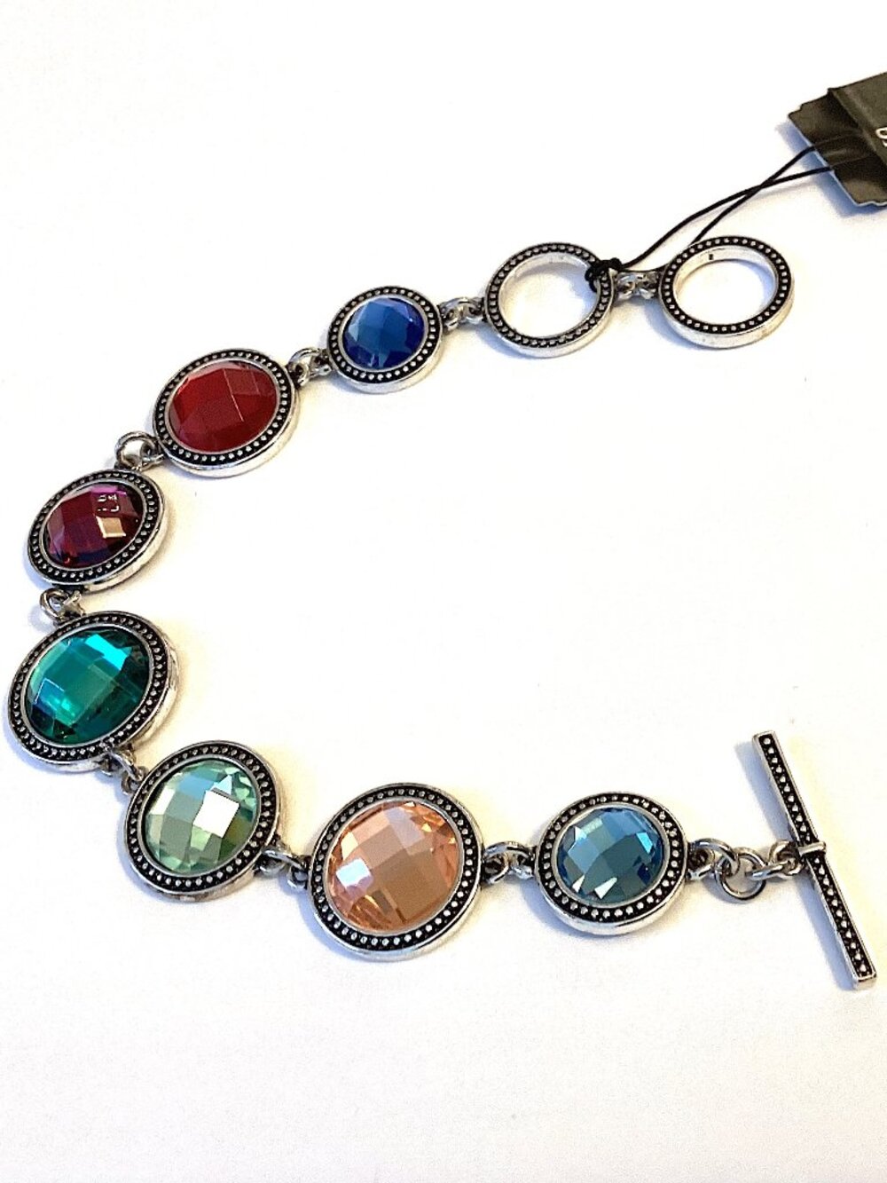 Colorful Toggle Bracelet with Faceted Colored Glass, Scroll & Vine, Chunky